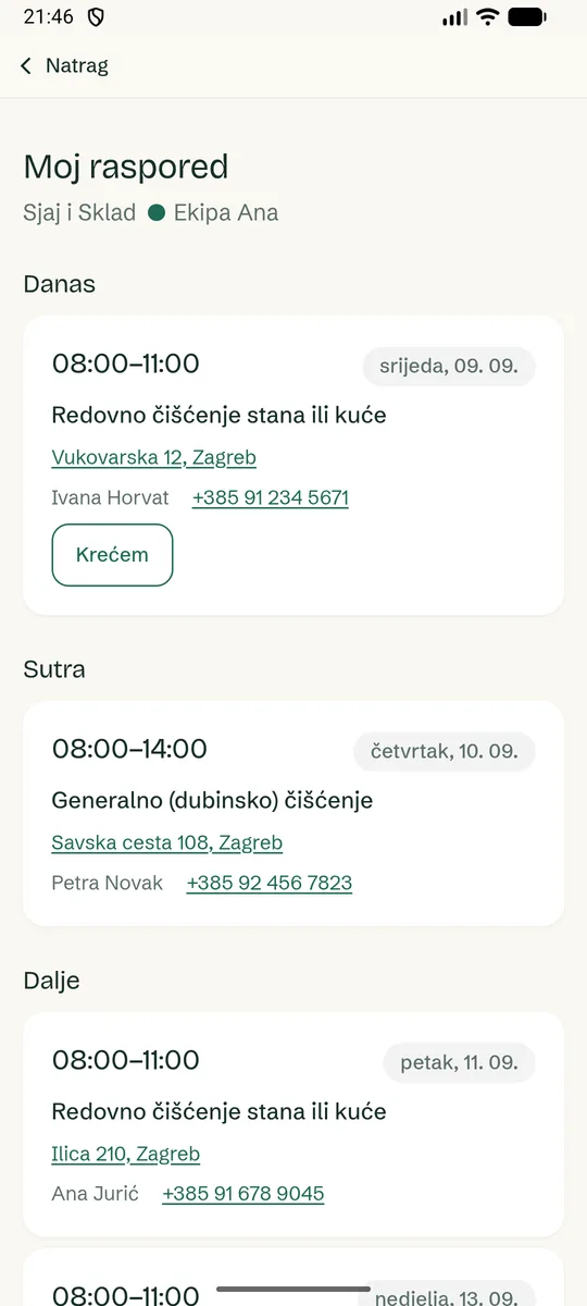 Staff see only their own crew's schedule on their phone. No prices, no revenue.