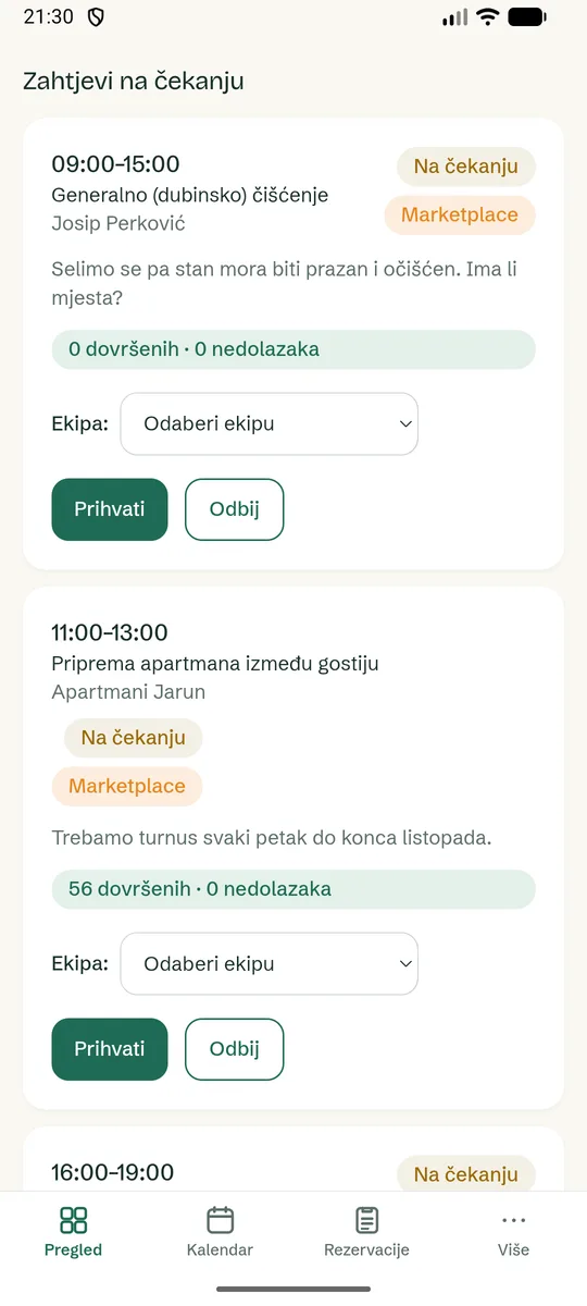 Requests from the marketplace land in the app. Accept or decline in two taps, with the customer's history.
